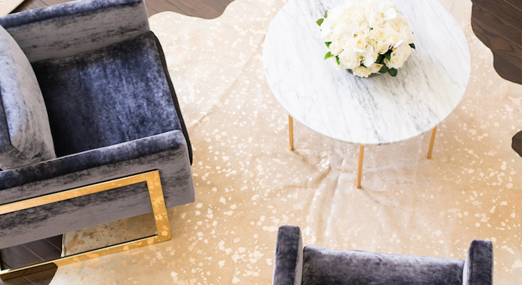 White marble coffee table and grey velvet chairs via Shannon Wollack