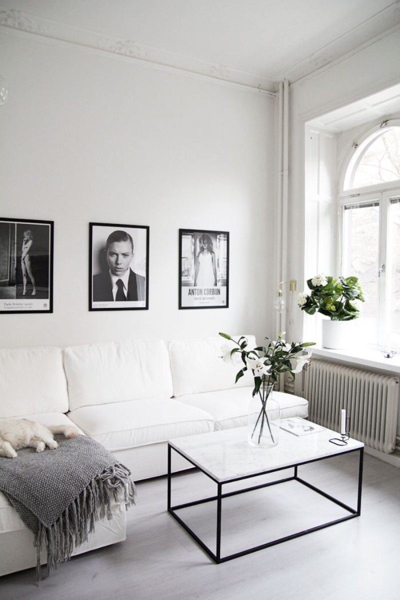 White marble coffee table with black base in Minimalist living room