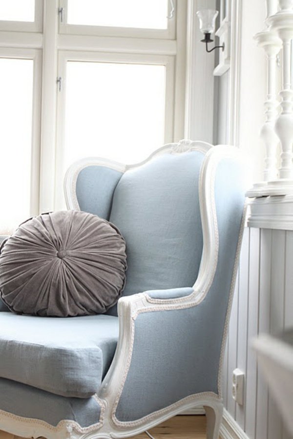 Baby blue antique french wingback bergere chair