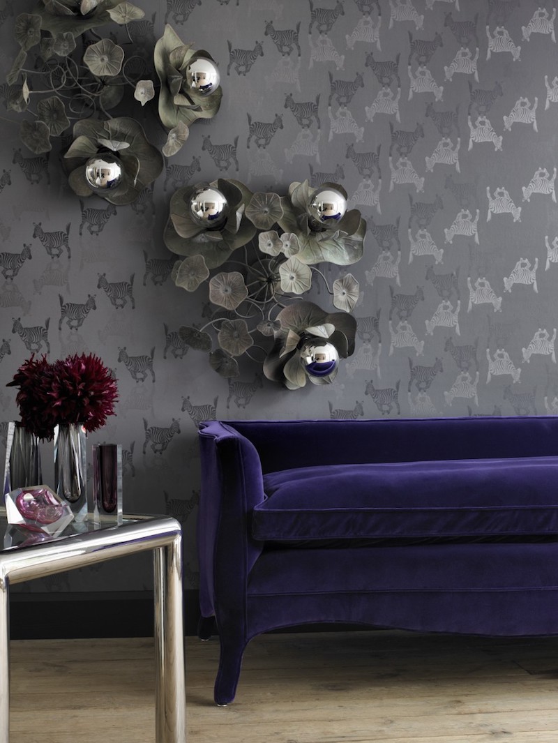 Backless purple velvet sofa