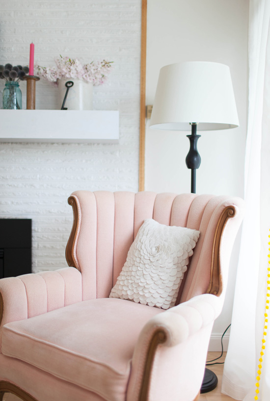 Blush wingback chair via At Home in Love