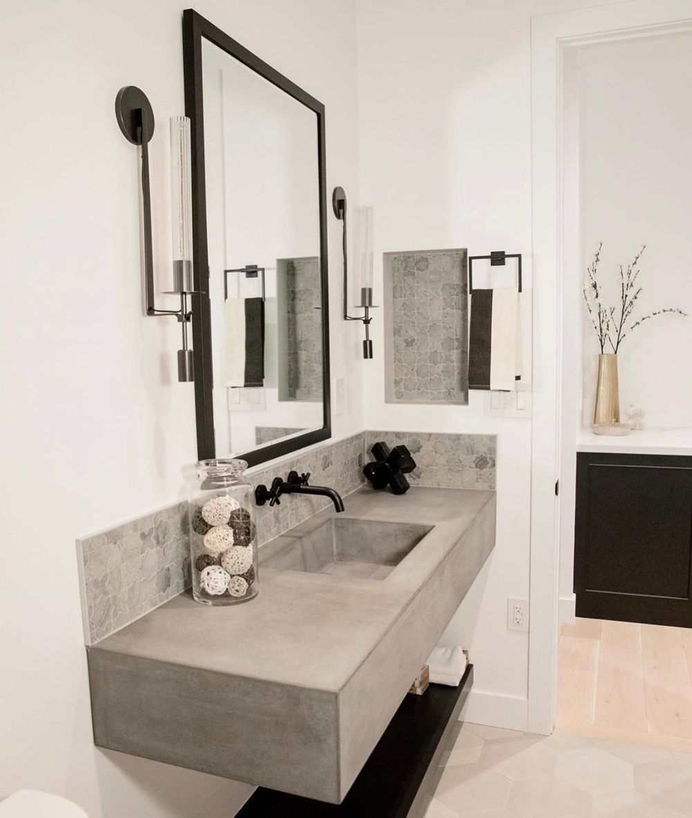 Wall-Mounted Concrete Bathroom Vanity with black fixtures ideas beckmannhouse