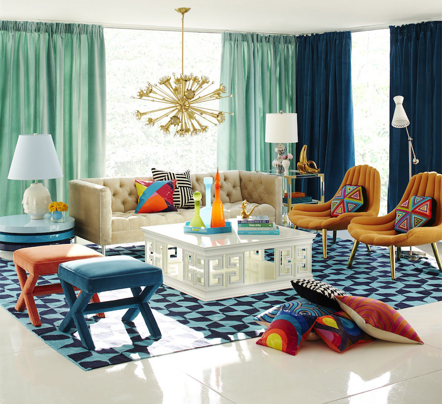 Jonathan Adler living room with starburst chandelier