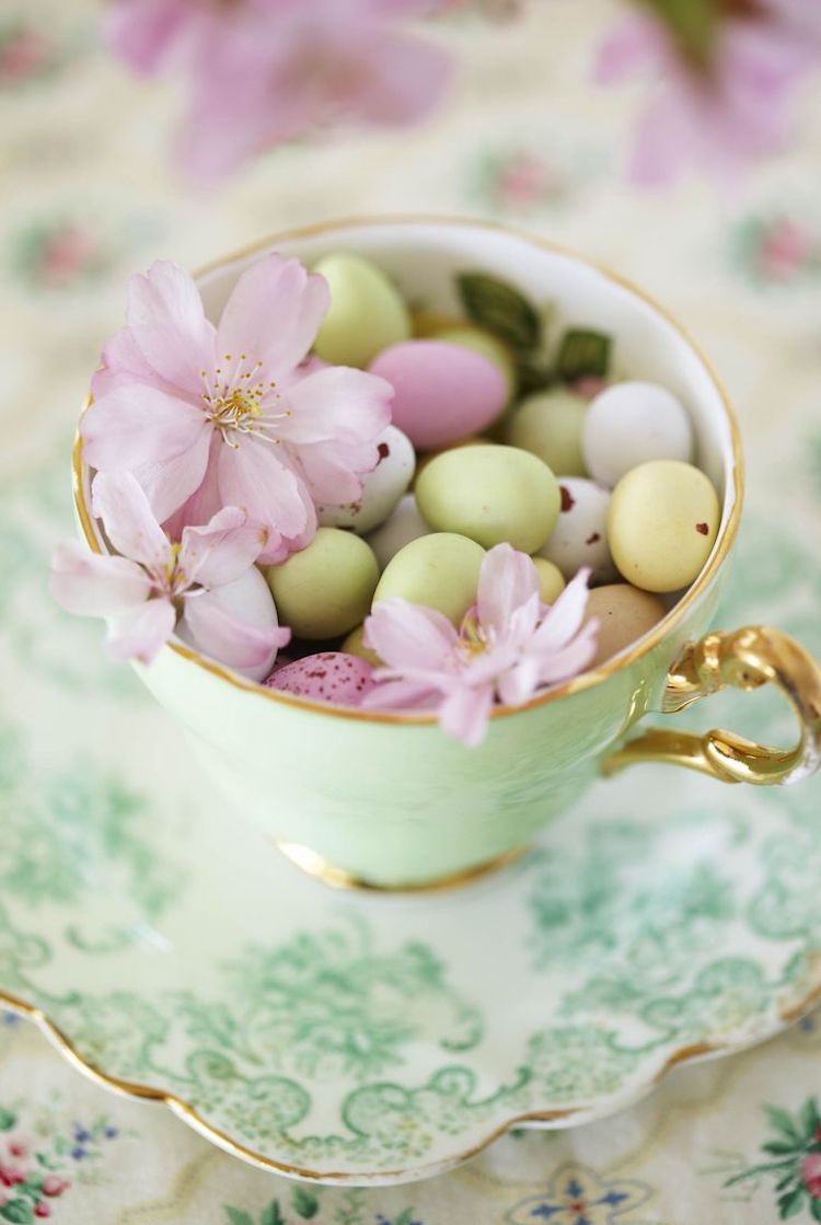 Mini easter eggs inside turquoise teacup