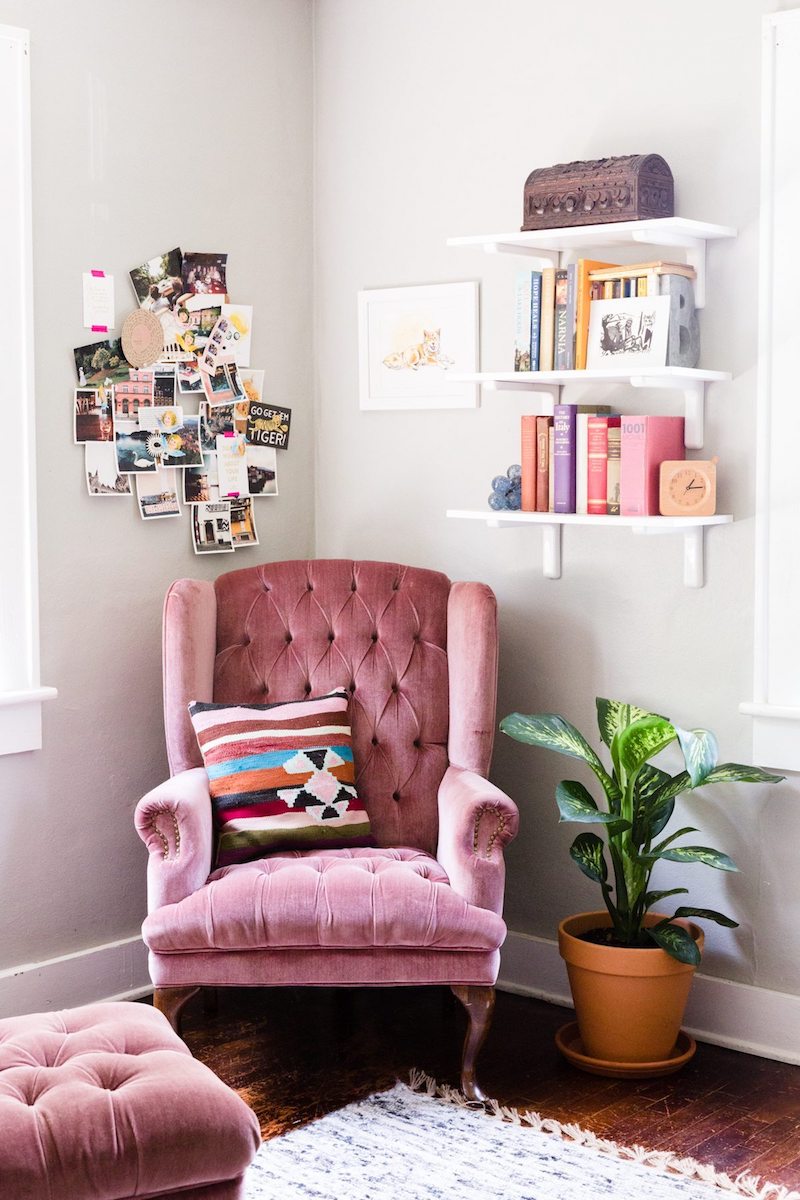 pink velvet wing back chair