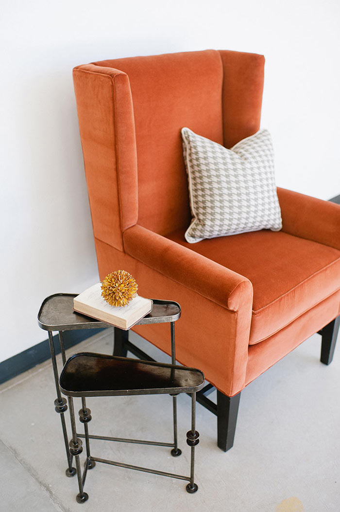 Repurposed Orange Velvet Wingback-Chair via Stel House