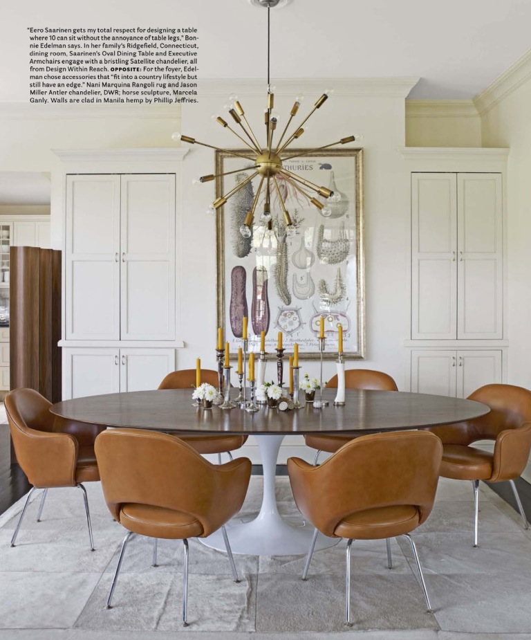 Sputnik chandelier in dining room with camel chairs via House Beautiful