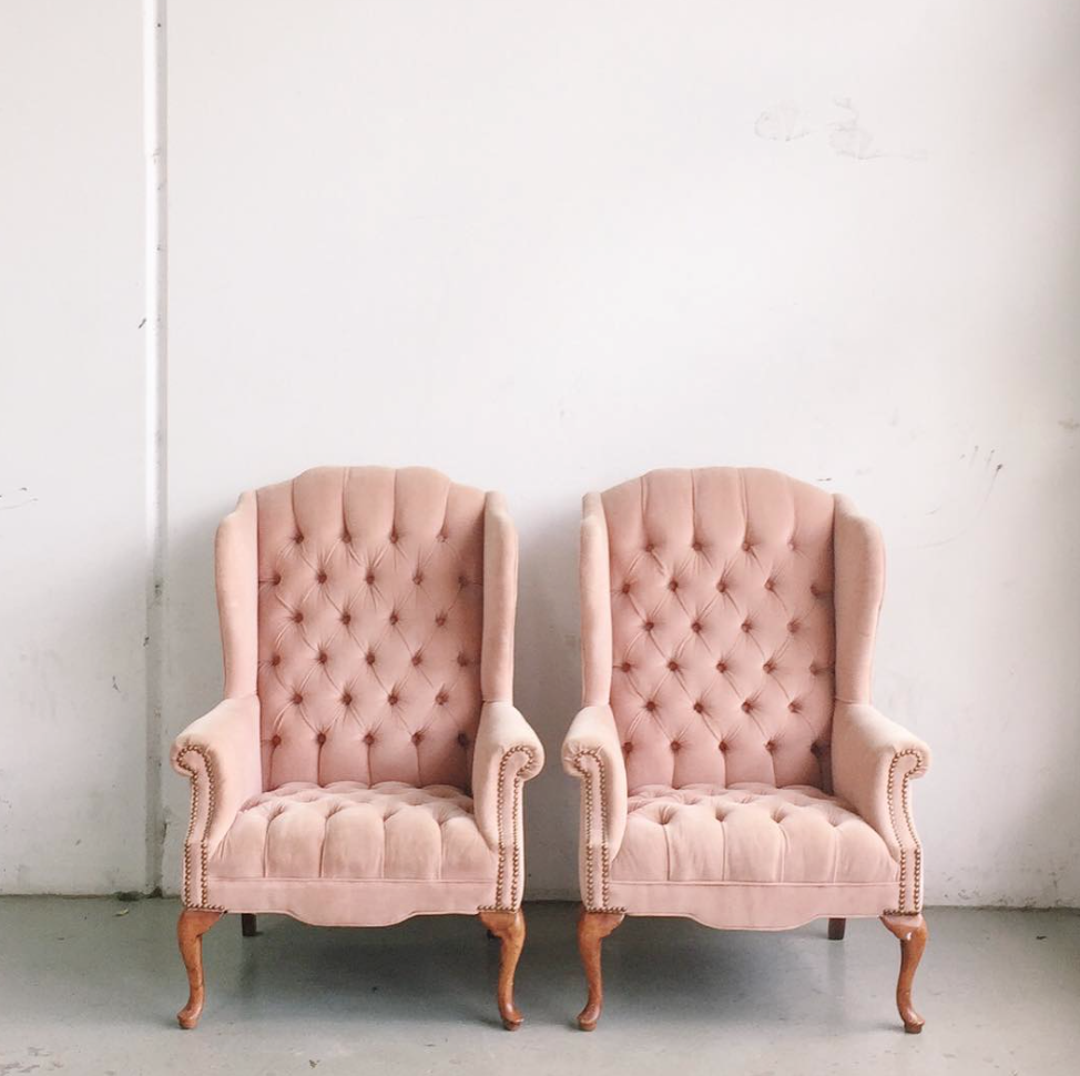 Two Tufted Pink Velvet Wingback Chairs via Chicago Vintage Weddings