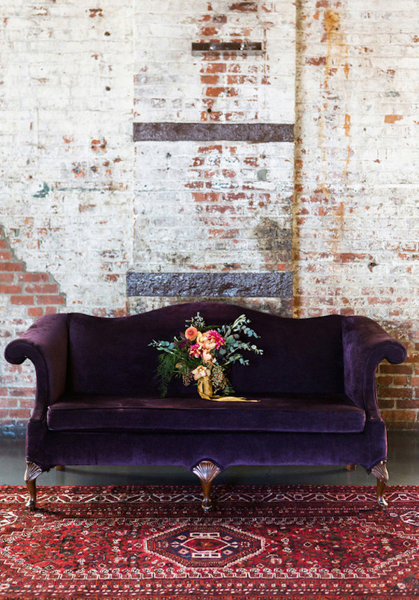 Vintage purple velvet sofa via 100 Layer Cake