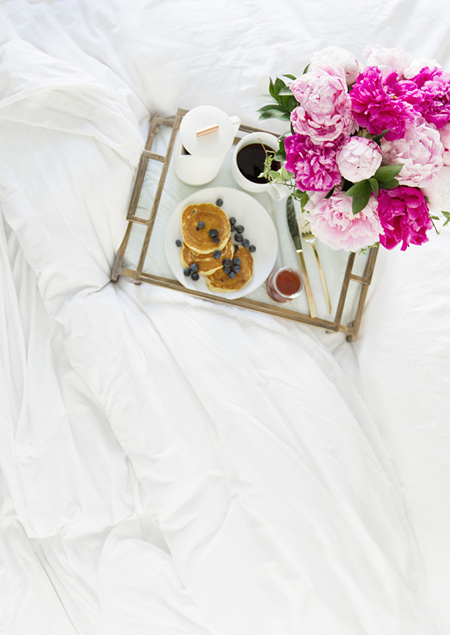 Breakfast in bed with pink peonies