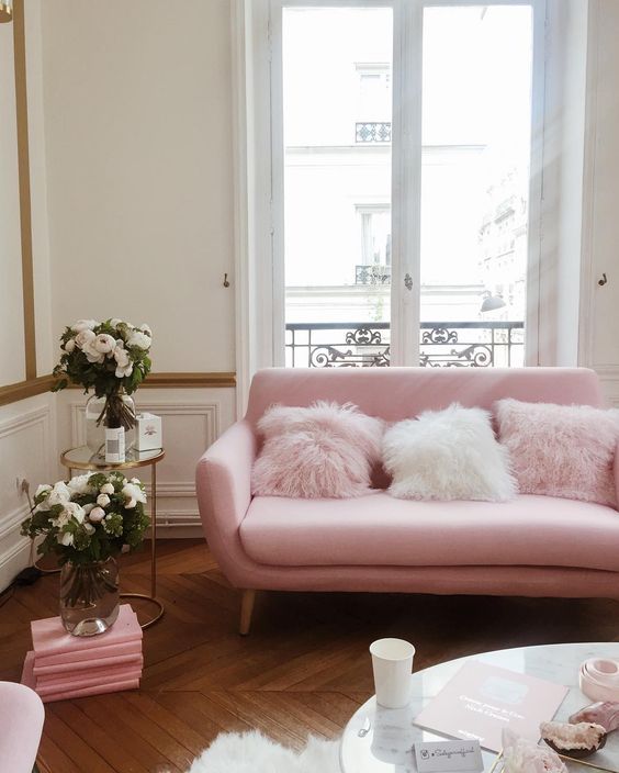 Gorgeous Pink sofa with fur pillows in Parisian apartment