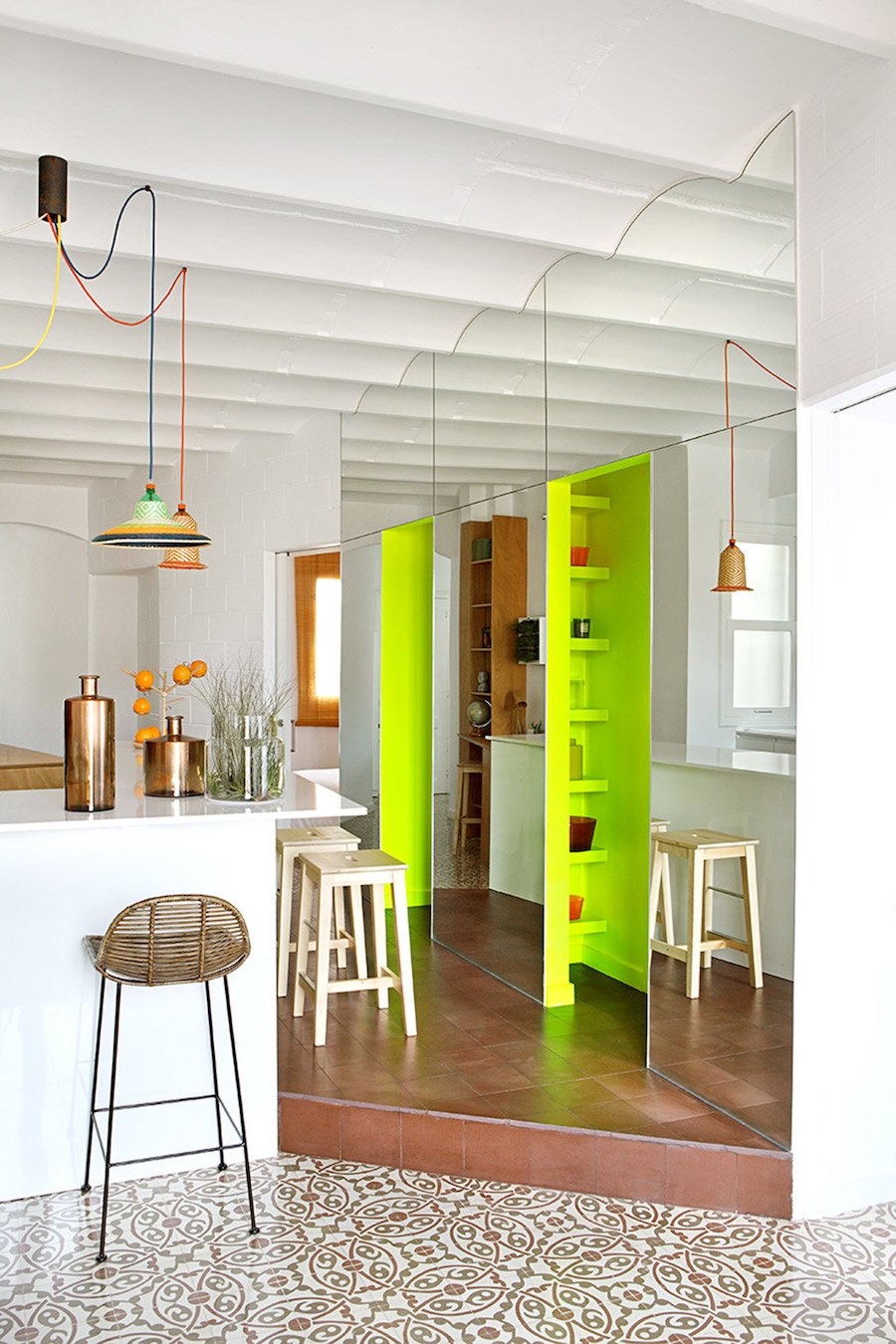 Neon accent wall with shelving inside Barcelona apt