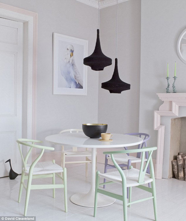 Pastel wishbone chairs dining room via Laura Fulmine