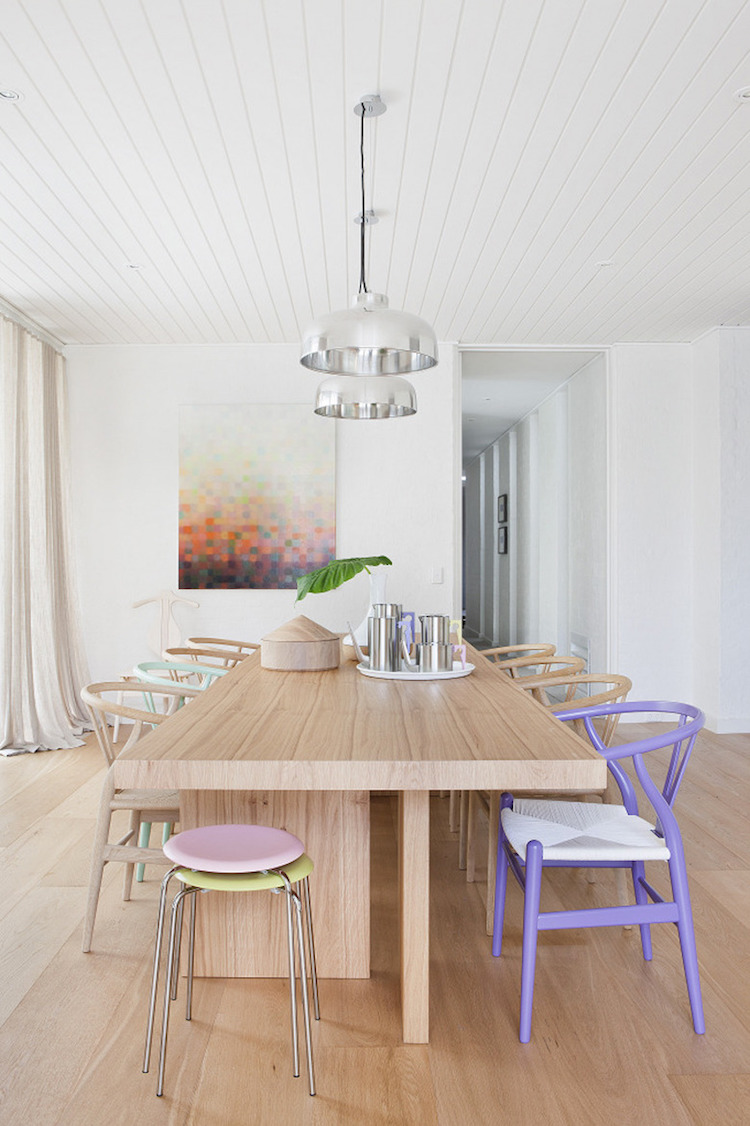 Pastel wishbone chairs in dining room via Hecker Guthrie