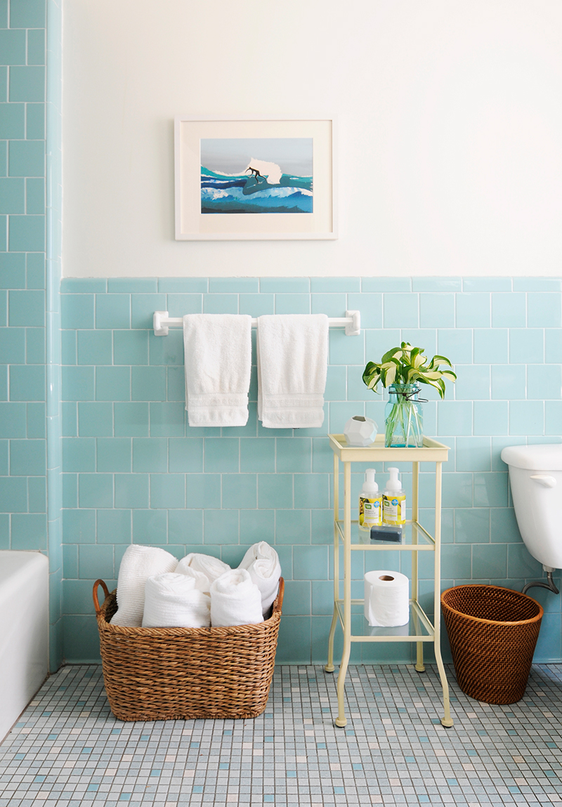 Baby blue subway tiling in the bathroom via Rue Mag