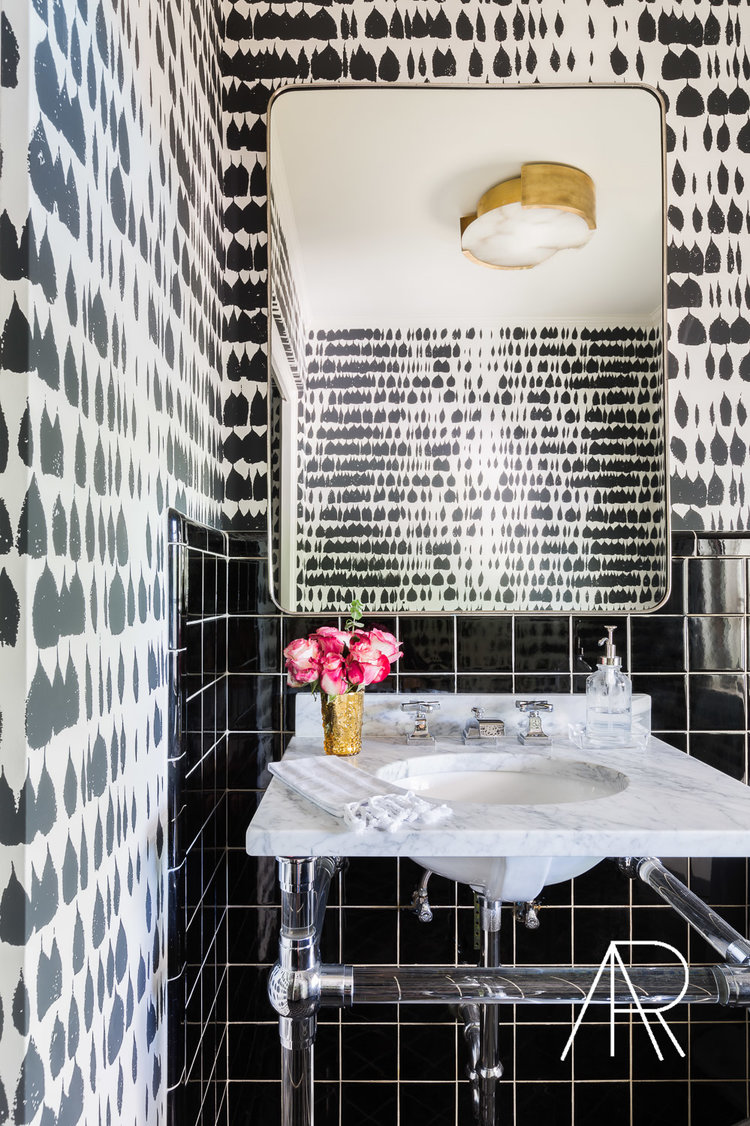 Black and white wallpaper bathroom with marble sink via Alyssa Rosenheck