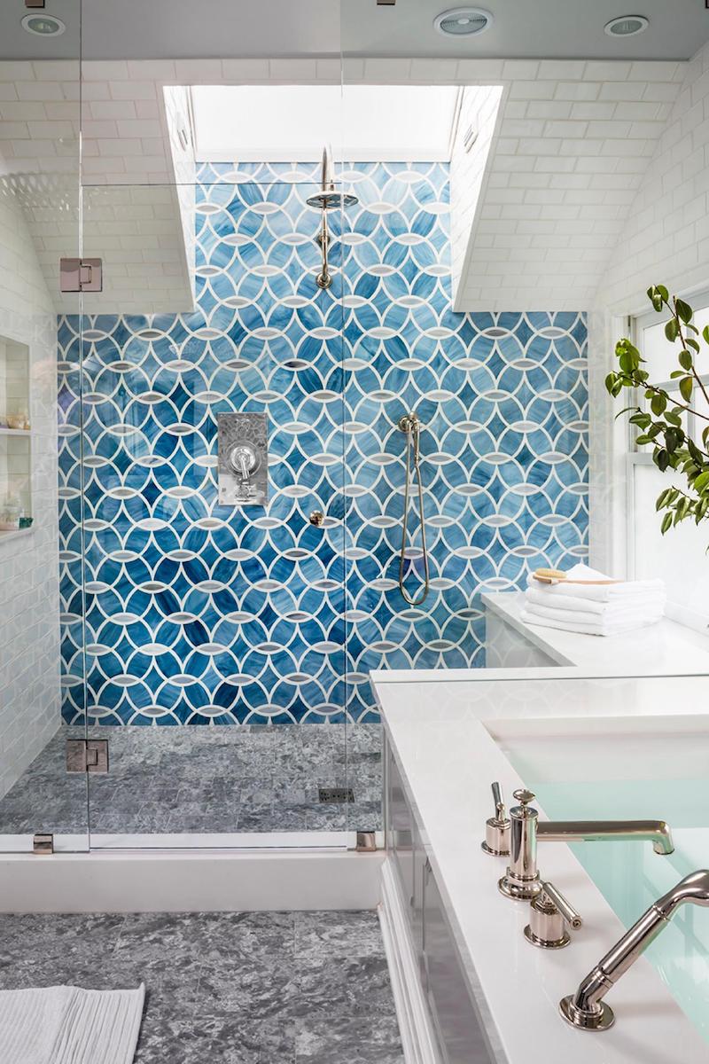 Blue shades bathroom tiles via HGTV