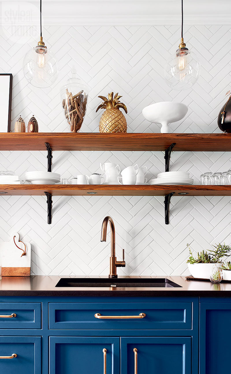 Bistro Kitchens with Open Shelving Brass Cabinet Pulls Bold Blue Cabinets via Style At Home