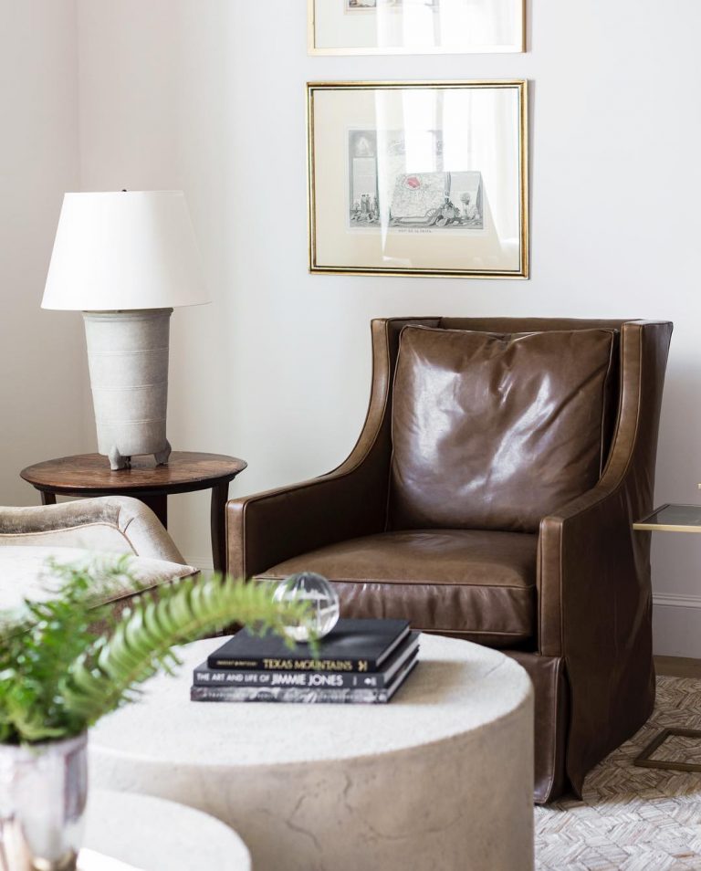 12 Gorgeous Brown Leather Chairs For The Home   Brown Leather Accent Chair Via @marieflaniganinteriors 768x954 