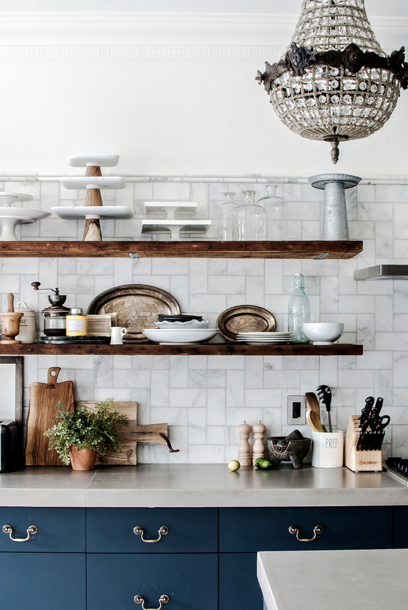 Dark Blue Kitchen Cabinets with Open Upper Shelving via Design Sponge