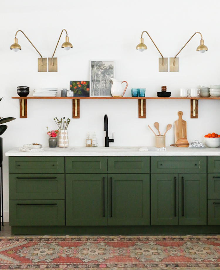 Green Kitchen Cabinets in Kitchen with Open Shelving via Little Green Notebook