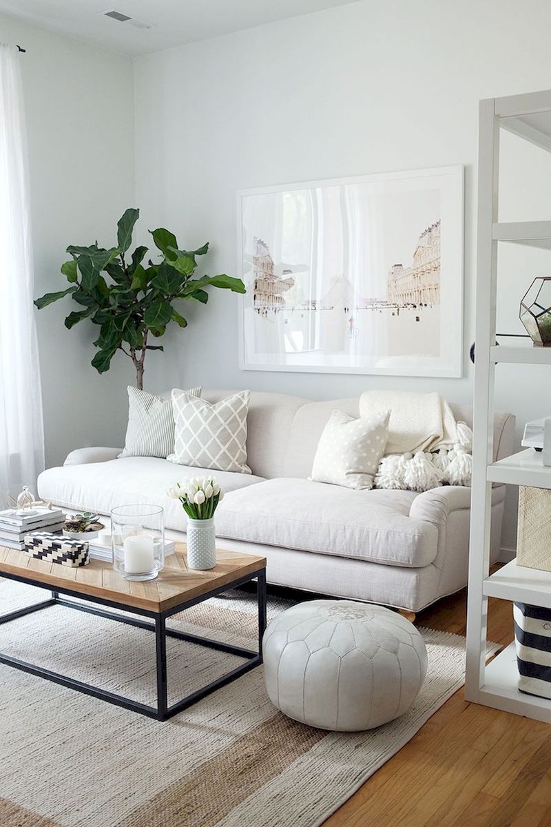 Beige Sofa in Living Room with Moroccan Poof