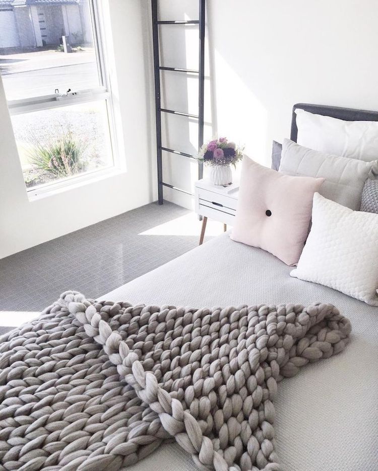 Grey chunky knit blanket in bedroom via @megcaris