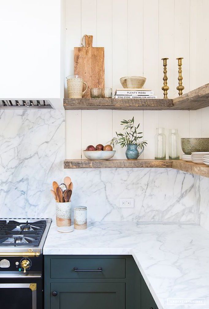 Kitchens with Open Shelving and Marble Backsplash