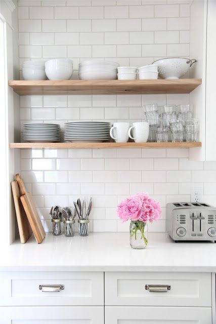Kitchens with Open Shelving and White Subway Tile