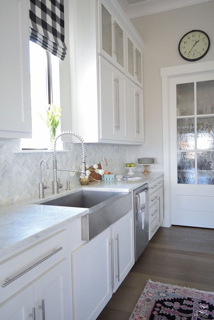 White herringbone marble backsplash tile kitchen via Z design at home