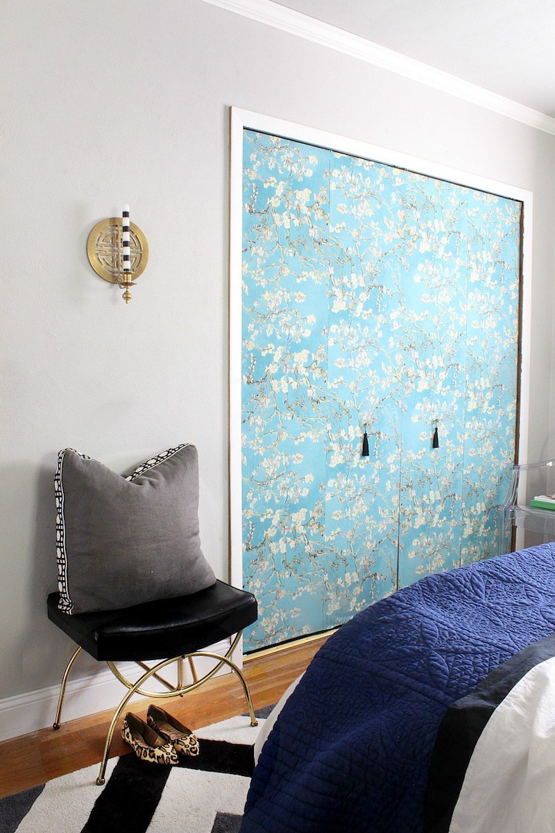 DIY blue wallpaper closet door via Bliss-atHome