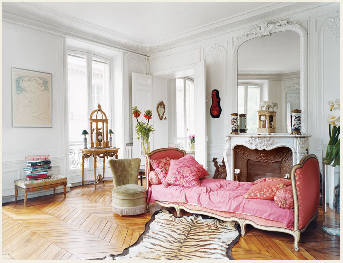 Pink-daybed-marble-fireplace-Erin-Fetherston-Vintage-Parisian-Apartment