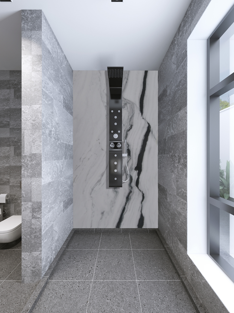 panda white marble wall in shower with grey stone tiles