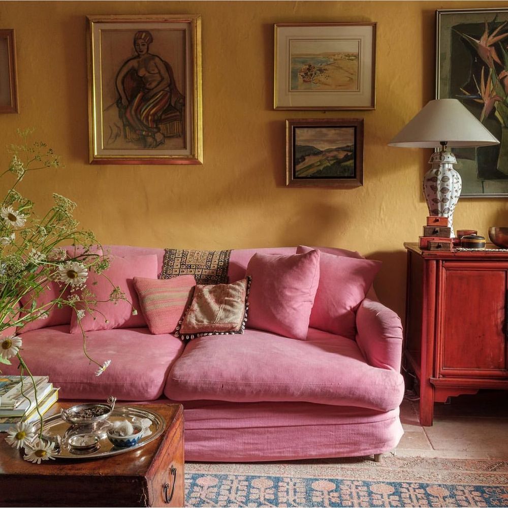 Pink sofa with yellow walls living room styling emma__ainscough