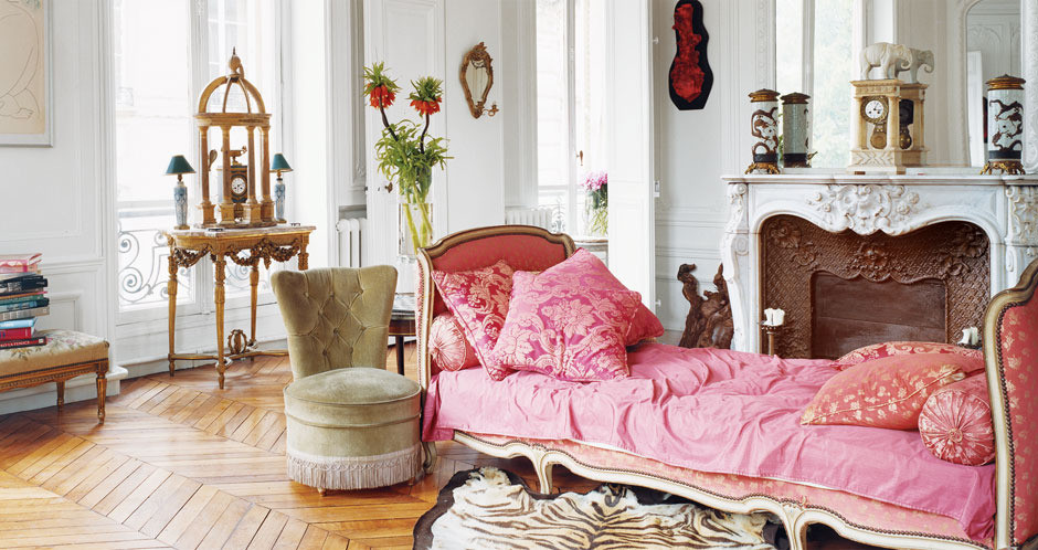 Vintage pink french daybed in Erin Fetherston's Dreamy Parisian Apartment