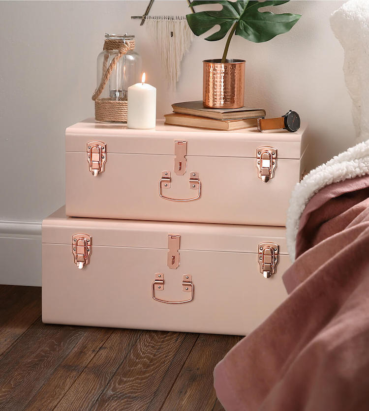 Blush pink vintage storage trunks with copper handles bedside nighstand trunk