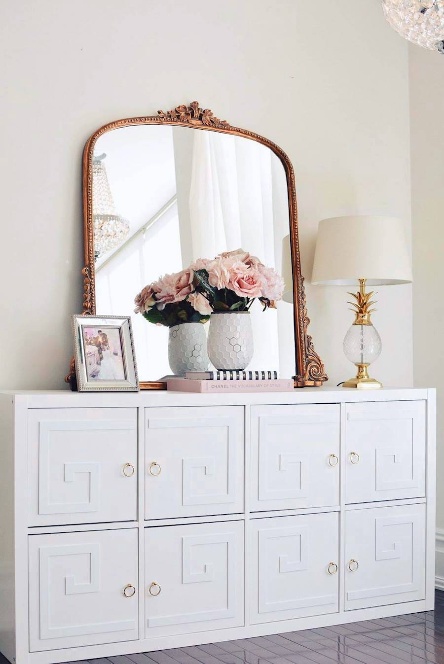 Gilded French mirror on white dresser via The Pink Dream