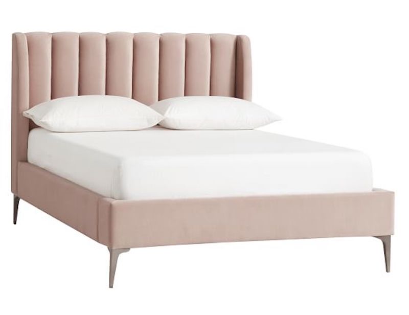 Dusty Blush Velvet Panel Bed with Silver Feet