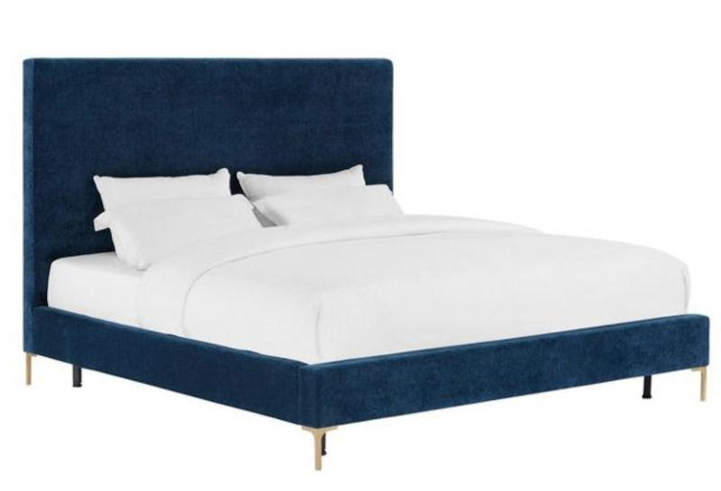 Minimal Deep Blue Velvet Bed with Brass Feet
