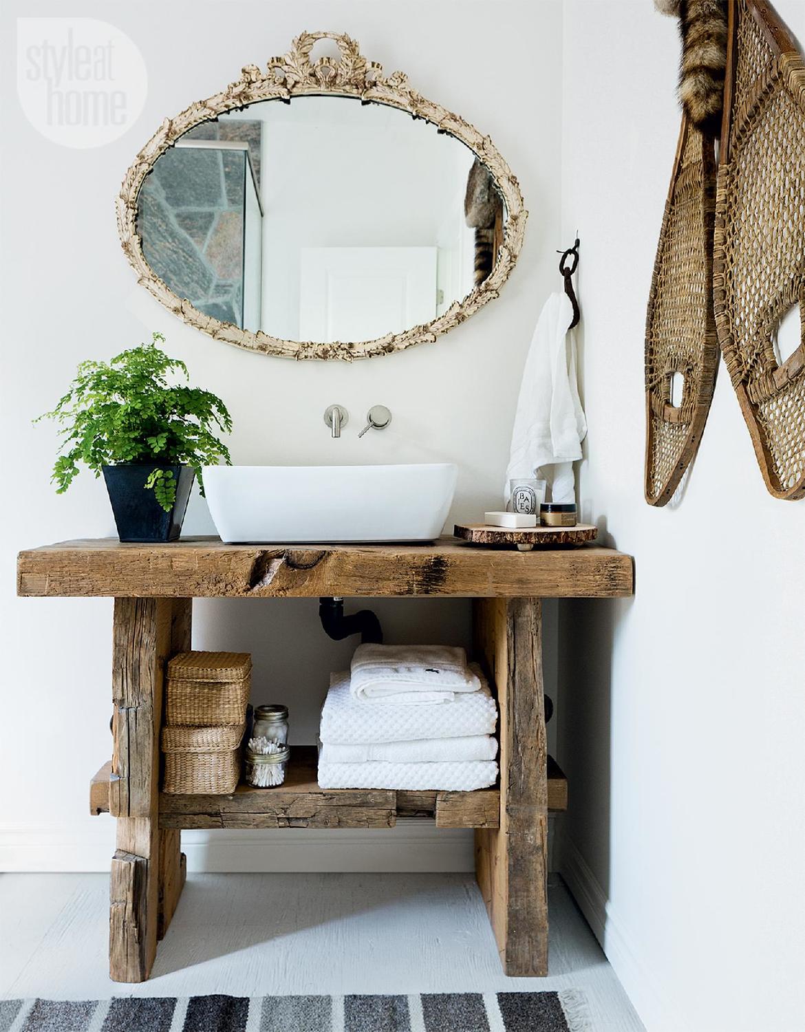 Modern Vessel Sink On A Rough Hewn Vanity From Wooden Beams