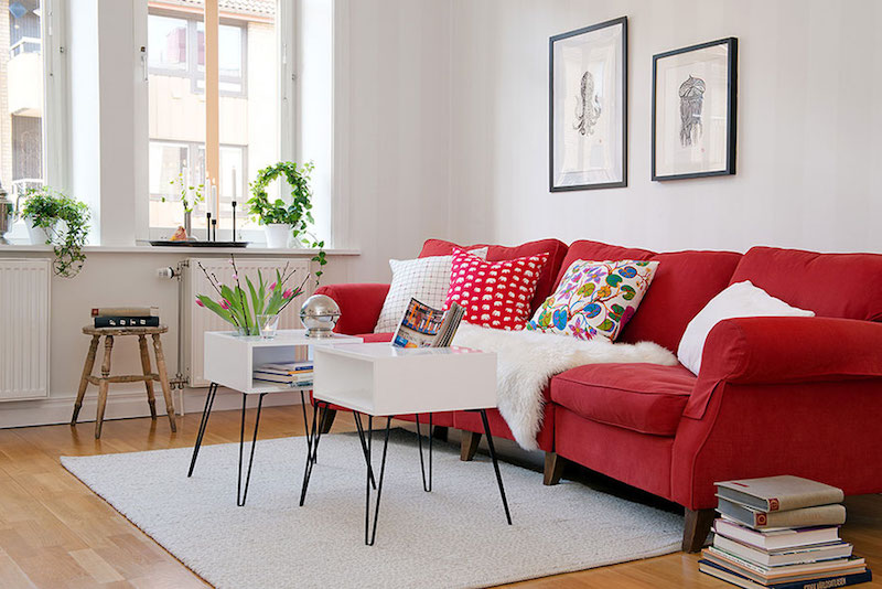 Red Sofa Scandinavian Living Room via Alvhem Brokerage & Interior