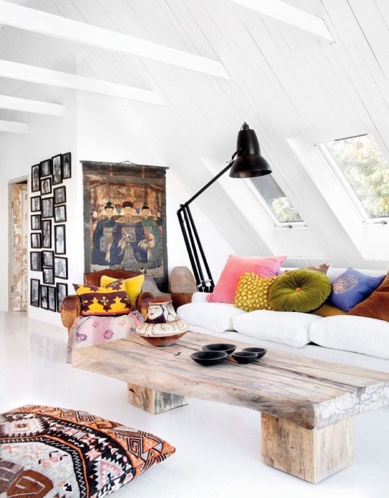 Rustic Reclaimed Wood Coffee Table In Bohemian Living Room