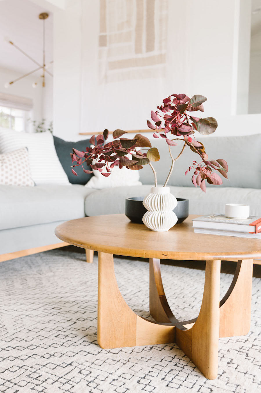 Wood Coffee Table With Grey Scandinavian Minimal Couch