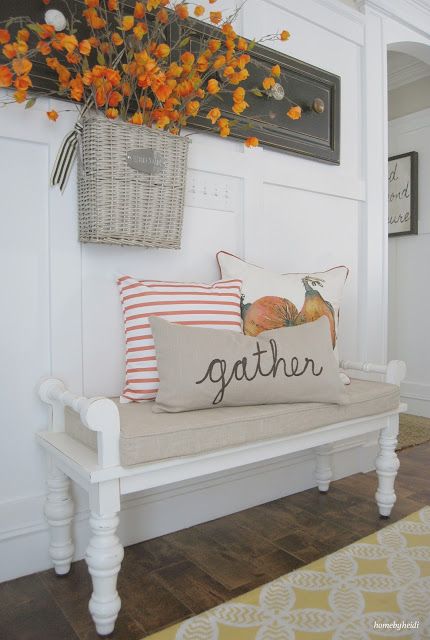 Gather pillow Thanksgiving Entryway Decor Ideas via Home By Heidi