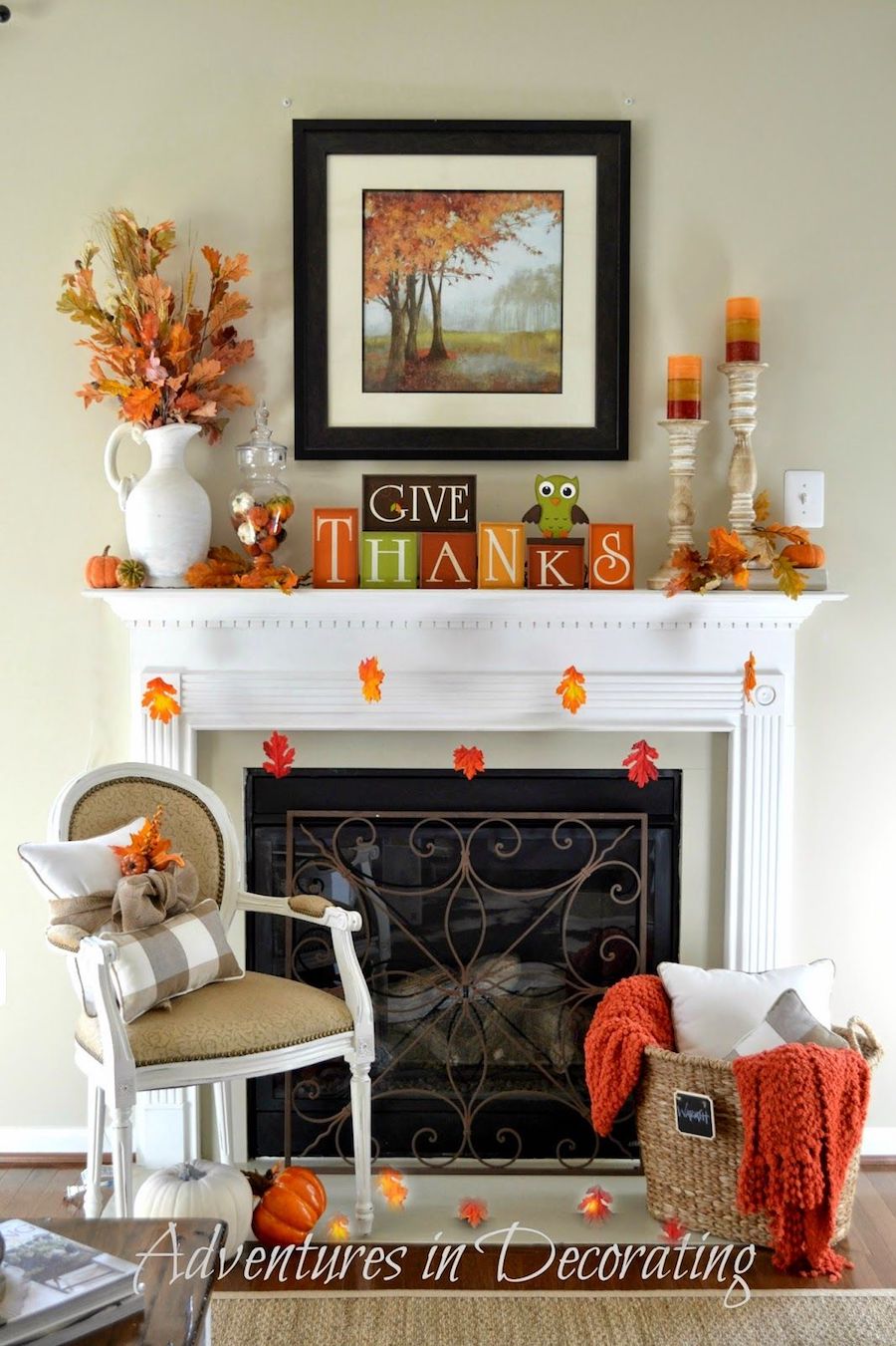 Give Thanks Thanksgiving Home Decor Mantel via adventuresindecorating1 #Thanksgiving #ThanksgivingDecor