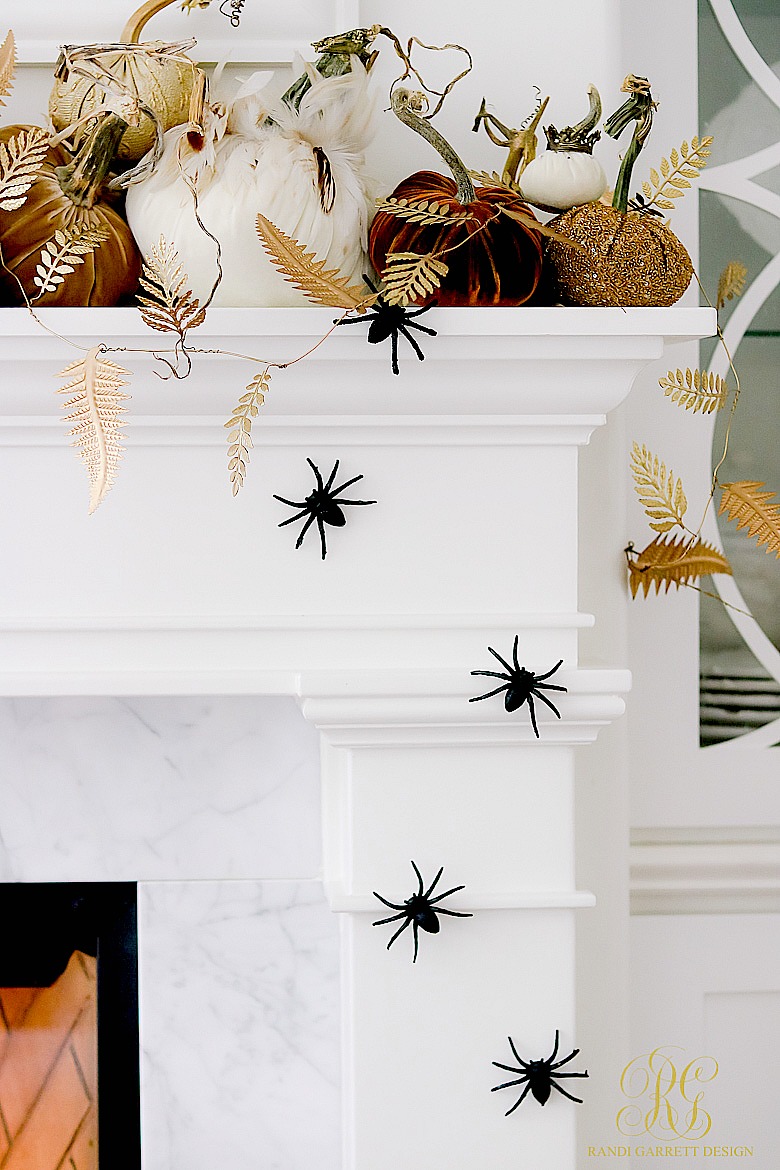 Halloween Decor Ideas Gold And Orange Pumpkins On Mantel Via Randi Garrett