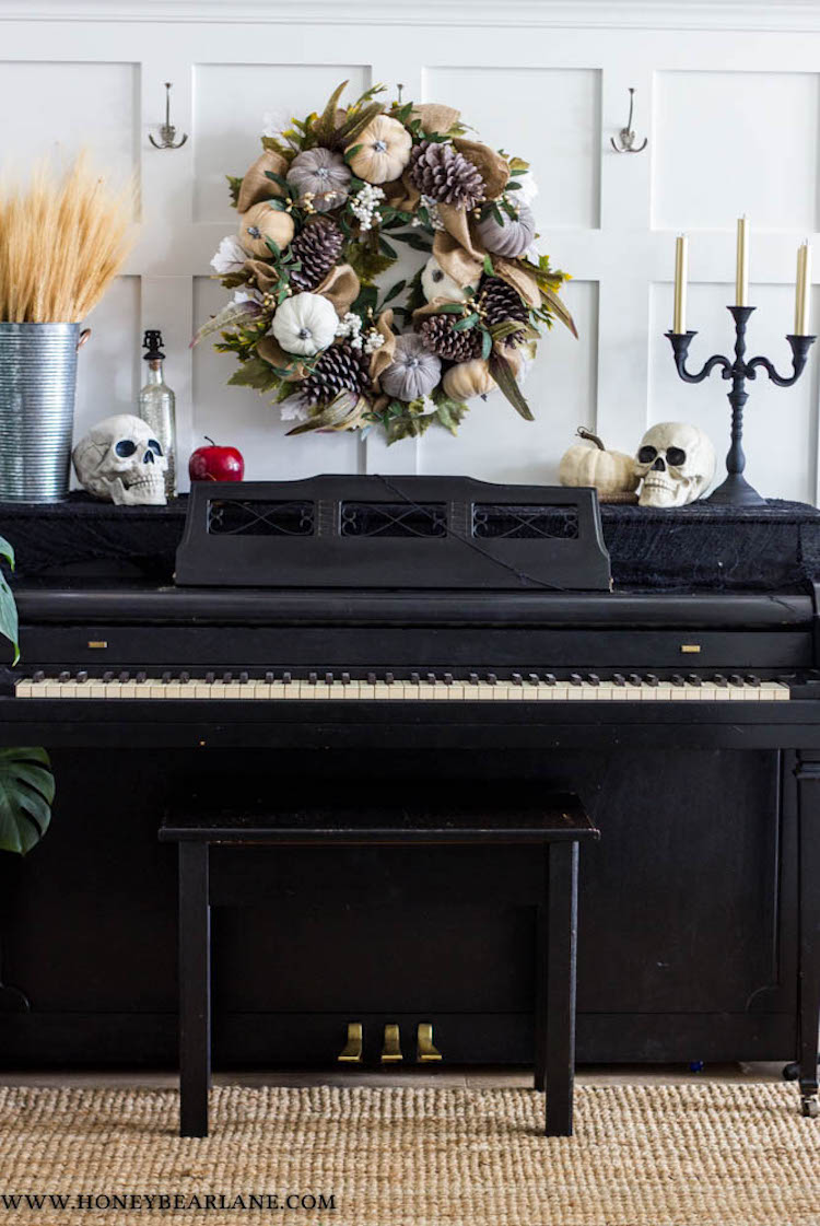 Halloween Decor Ideas Skulls On Vintage Piano