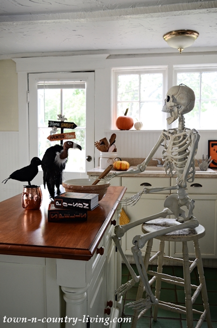 Halloween Decor Ideas   Vulture On Table And Skeleton On Bar Stool Via Town N Country Living