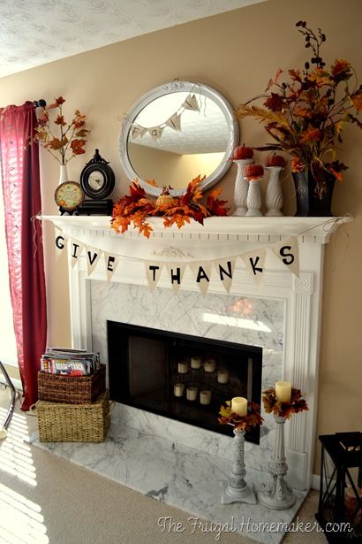 Thanksgiving Give Thanks Mantel via thefrugalhomemaker