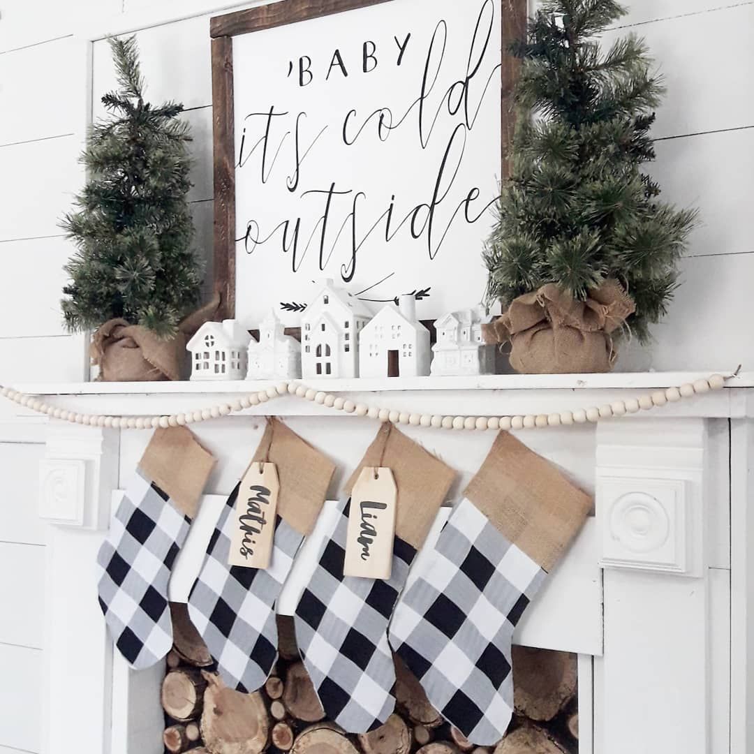 Baby it's Cold Outside Christmas Mantel with Checkered Stockings via @threearrowsco